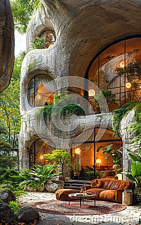 Luxurious and modern winter garden, sinuous stone architectural structure and large windows, living room with comfortable and Stock Photo