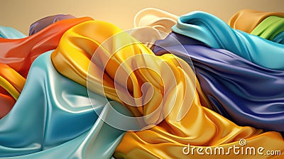 Luxurious multicolor: yellow, blue, turquoise silk satin fabric with graceful folds lies in a pile. Background for design. Stock Photo