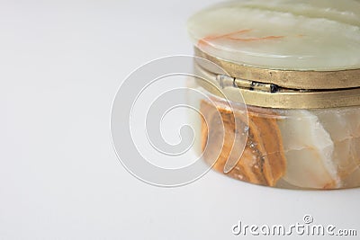 Luxurious natural onyx jewelry box on white marble. top view, minimalism concept. vintage casket onyx Stock Photo