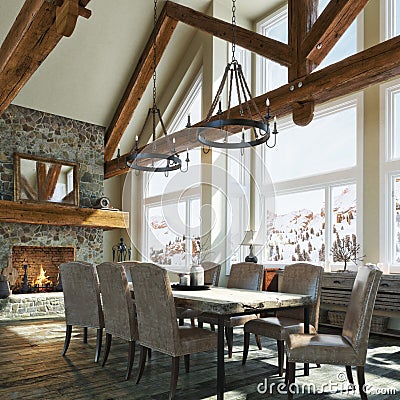 Luxurious open floor rustic cabin interior dinning room design with roaring stone fireplace and winter scenic background. Stock Photo