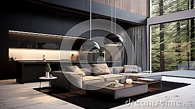 Luxurious open plan livingroom and kitchen in black and dark grey, modern style living room and kitchen interior design. Stock Photo