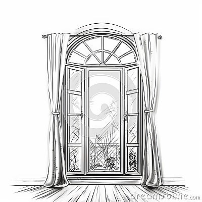 Luxurious Open Window Sketch With Simple Line Art Cartoon Illustration