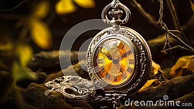 Luxurious Opulence: A Stunning Yellow Pocket Watch In An Autumn Fantasy Scene Stock Photo