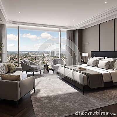 Luxurious and Opulent Hotel Suite with Stunning City Skyline View Stock Photo