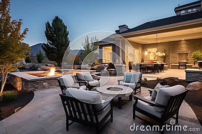 luxurious patio with outdoor fire pit Stock Photo