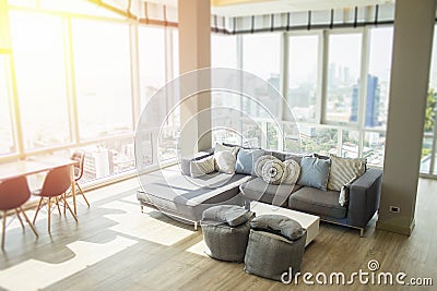 Luxurious penthouse real estate with modern trendy design and view of the ocean and city. Stock Photo