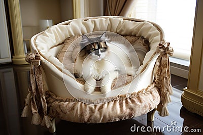 luxurious pet bed with plush and cozy cushions, surrounded by delicate drapery Stock Photo