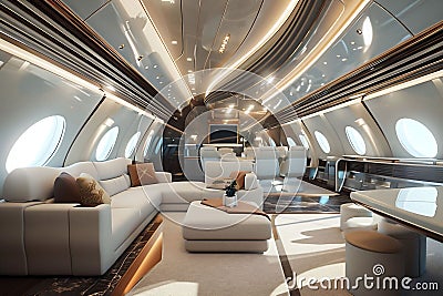 A luxurious private jet interior with cream sofas and wood finishes radiates a calm, opulent atmosphere, ideal for Stock Photo