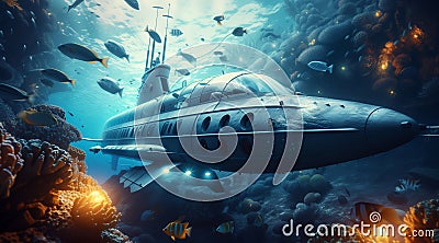 Luxurious private submarine exploring the deep ocean with fish swim alongside Stock Photo