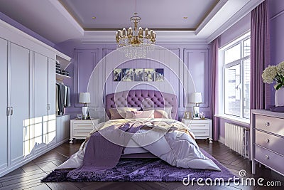 Luxurious purple bedroom with bed and wardrobe Stock Photo