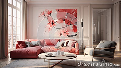 Luxurious Red Floral Painting In Vray Traced Living Room Stock Photo