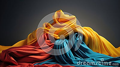 Luxurious rich multicolor: yellow, red, blue silk satin fabric with graceful folds lies in a pile on a dark background. Creative Stock Photo