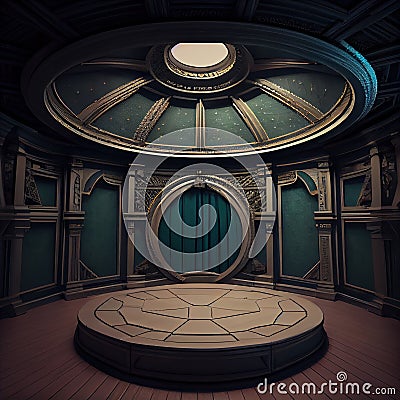 Generative AI: luxurious round fantasy room with many ornaments and stage Stock Photo