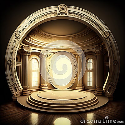 Generative AI: luxurious round fantasy room with many ornaments and stage Stock Photo