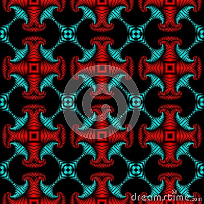 Luxurious seamless pattern with metallic red and cyan decorative ornament on black background Vector Illustration