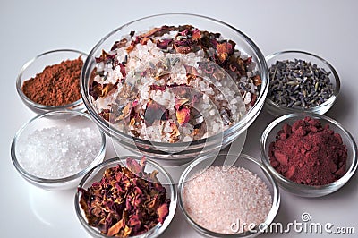 Luxurious spa bath salts with ingredients, closeup Stock Photo