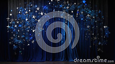 A luxurious stage set with deep blue velvet curtains under a cascade of twinkling stars, creating a celestial aura Stock Photo