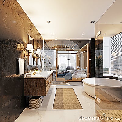 Luxurious-style bathroom with large bathtub, shower and double washbasin. Black marble walls Stock Photo