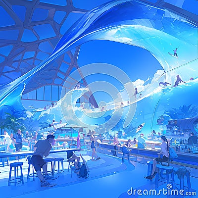 Luxurious Surf Lounge Amidst Wave Display Stock Photo
