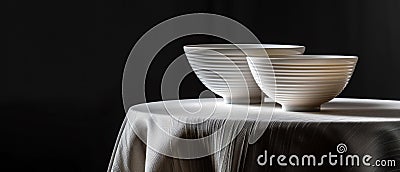 Luxurious table with tablecloth and two empty bowls in side view. Generative ai. Cartoon Illustration