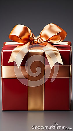 Luxurious touch: Gleaming red gift box, adorned with golden ribbon and bow. Stock Photo