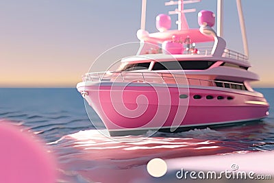 Luxurious toy private yacht in pink color. Princess girl life style. Travel by water. Generative Ai Stock Photo