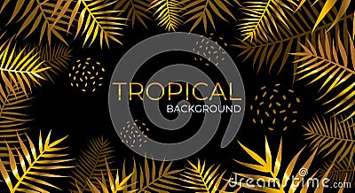 Luxurious tropical Golden palm leaves on a black background. Night jungle and tropics palm trees. Gold and black vector web banner Vector Illustration