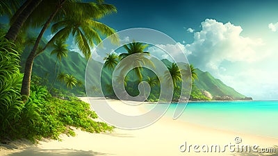 Luxurious tropical landscape with a beach by the sea in the morning at sunrise. Generation AI Stock Photo