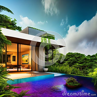 Luxurious tropical pool villa with refined architecture in a lush greenery garden. generative ai Stock Photo