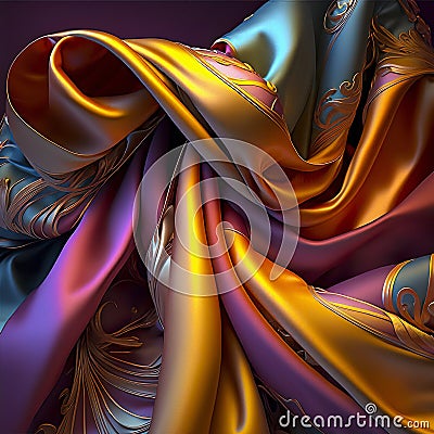 Luxurious and Vibrant Scene with Gold and Purple Silky Scarfs and Satin Ribbons Flowing Elegantly over a Tablecloth Stock Photo