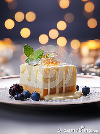 A luxurious white chocolate dessert, garnished with fresh berries on a plate Stock Photo