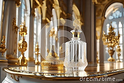 Luxurious white and golden ornamented baroque and rococo perfume bottle , expensive and royal fragrance flacon Stock Photo