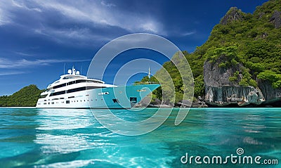 A luxurious white yacht against the backdrop of a tropical island with palm trees under the blue sky. Created with generative Ai Stock Photo