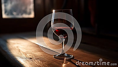 Luxurious wine bottle rests on elegant wooden table generated by AI Stock Photo