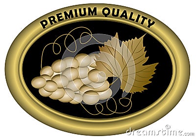 Luxurious wine etiquette premium quality. Golden grape with leaf in oval shape. Luxury product label Vector Illustration