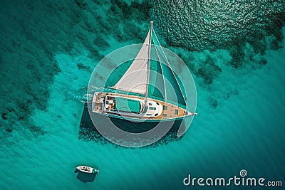 A luxurious yacht sails in the middle of the sea, surrounded by a breathtaking coastal landscape. Generative AI Stock Photo
