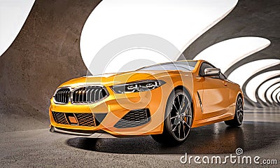 luxurious yellow sports car in a modern concrete tunnel Stock Photo