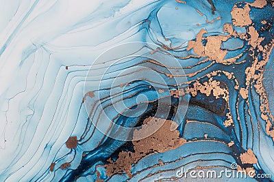 Luxury abstract fluid art painting in alcohol ink technique, mixture of dark blue, turquoise and gold paints. Imitation of marble Stock Photo