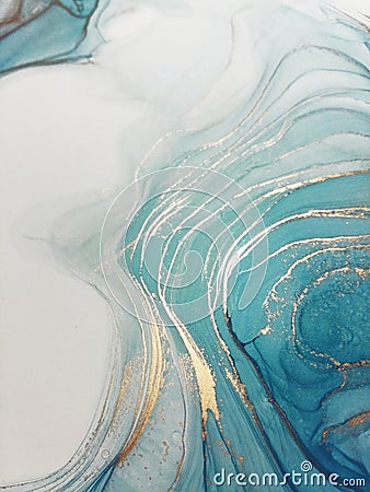 Luxury abstract fluid art painting background alcohol ink technique blue and gold. Marble texture Stock Photo