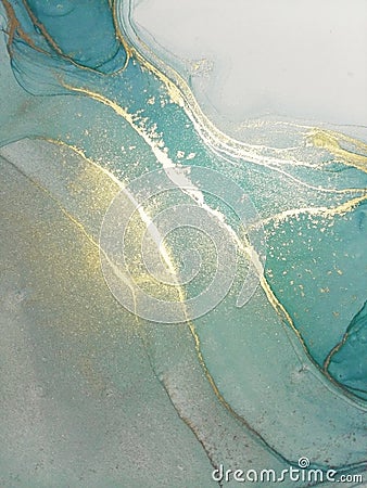 Luxury abstract fluid art painting background alcohol ink technique mint blue and gold. Marble texture Stock Photo