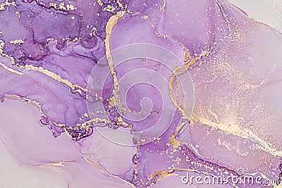 Luxury abstract painting in fluid art technique.Transparent layers of vivid lilac and gold paints create marbled texture of Stock Photo