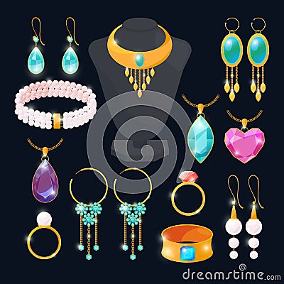 Luxury accessories for jewelry. Rings of gold, diamonds, ruby. Vector pictures set isolate Vector Illustration