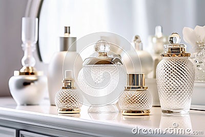 Luxury advertising photo with perfume bottles on dressing table in front of a mirrow, close up. Generative AI Stock Photo