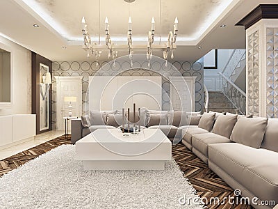 Luxury art Deco design bright living room with large corner sofa Stock Photo