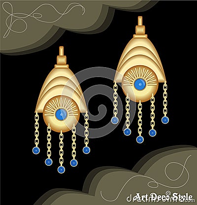 Luxury art deco filigree chain earrings, jewel with small blue sapphire , antique elegant gold jewelry, fashion in Vector Illustration