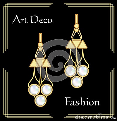 Luxury art deco filigree earrings, jewel with rare pearls , antique elegant gold jewelry, fashion in victorian style Vector Illustration