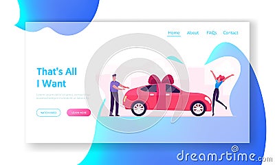 Luxury Automobile Gift for Girlfriend Website Landing Page. Man Giving Car with Bow as Present to Happy Surprised Woman Vector Illustration