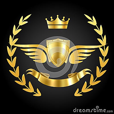 Luxury award with wings. Luxurious symbol of champion on dark background with royal leaves and ribbon vector concept Vector Illustration