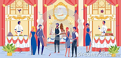 Luxury Banquet Hall with Festively Dressed People. Vector Illustration