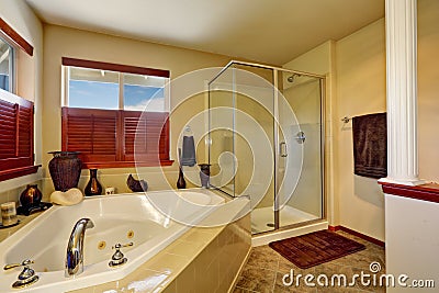 Luxury bathroom with corner bath tub and glass shower. Stock Photo